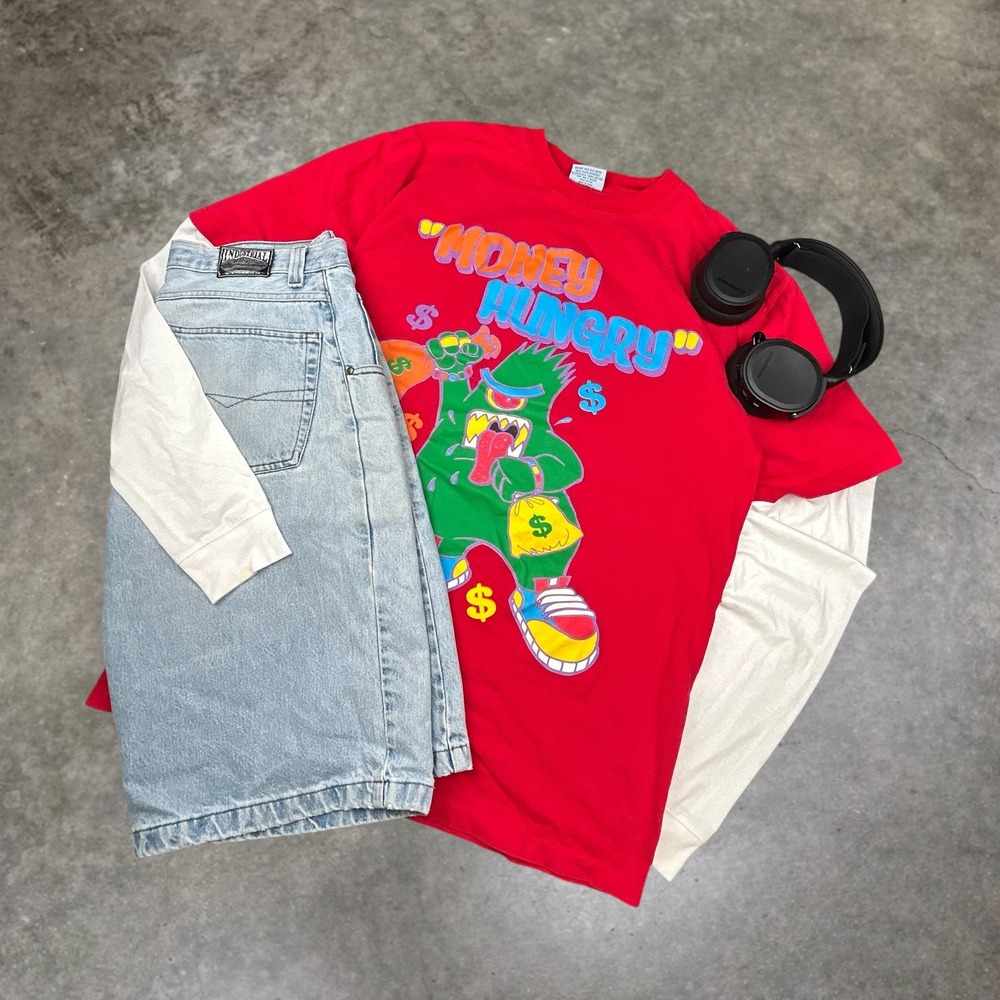 Vintage Russo Wear Money Hungry Graphic‎ Tee Red Y2K Streetwear 2XL Heavy Duty